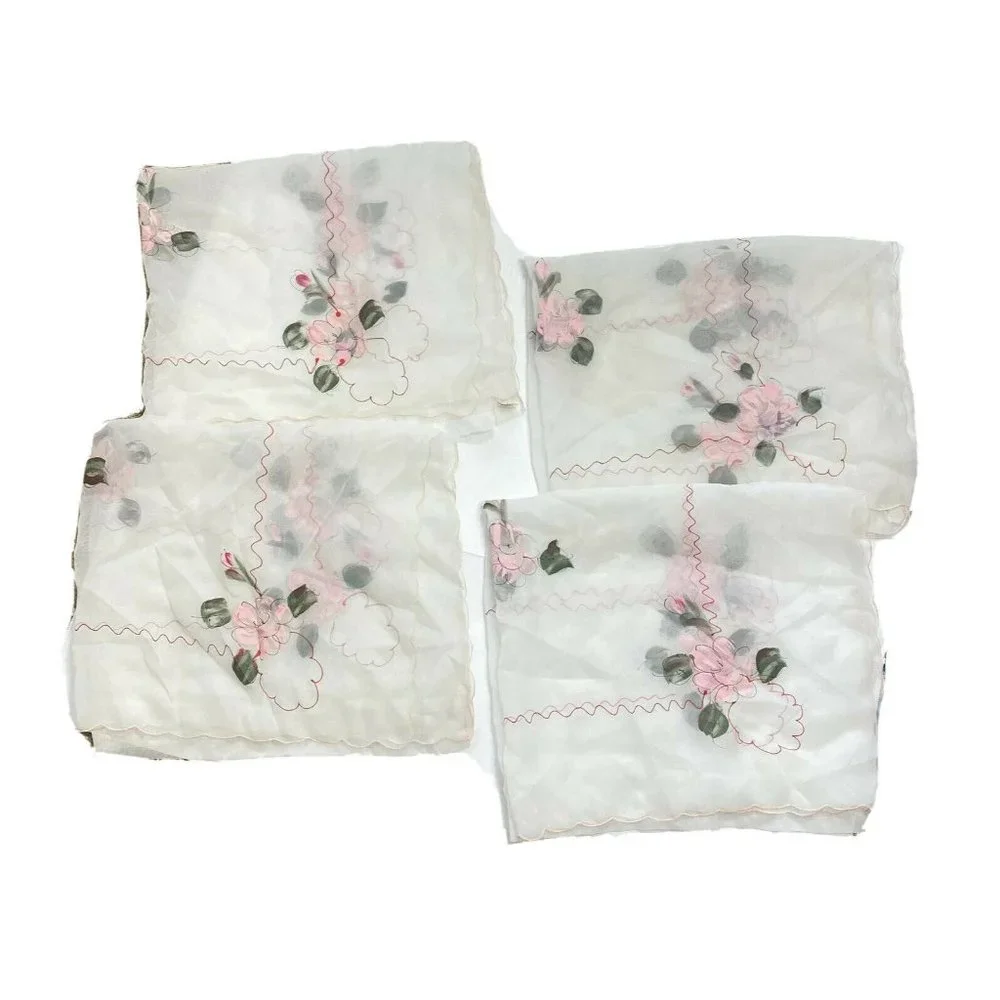 Vintage 1960s Sheer White Valances Curtains 4 Made Japan Hand Painted Pink Red
